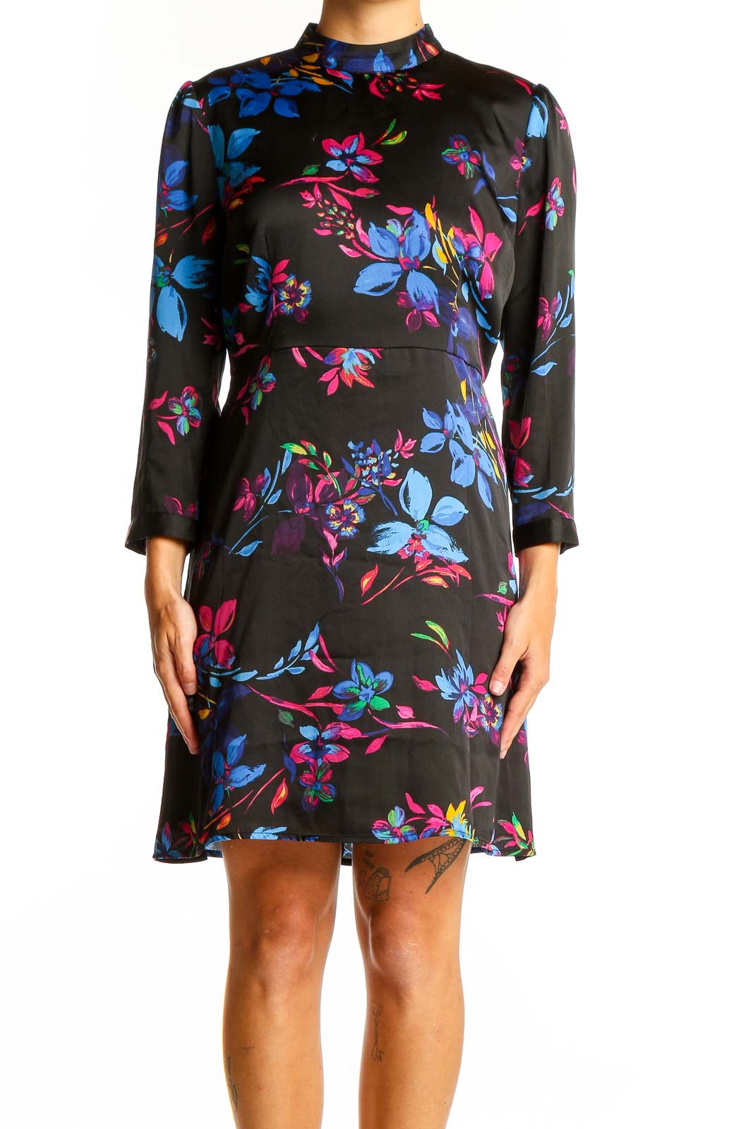 Black Floral Print Mock Neck Dress Front