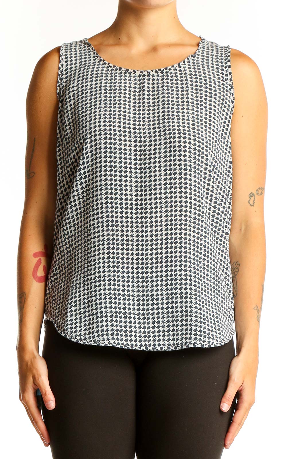 Black and White Geometric Print Silk Dress Front