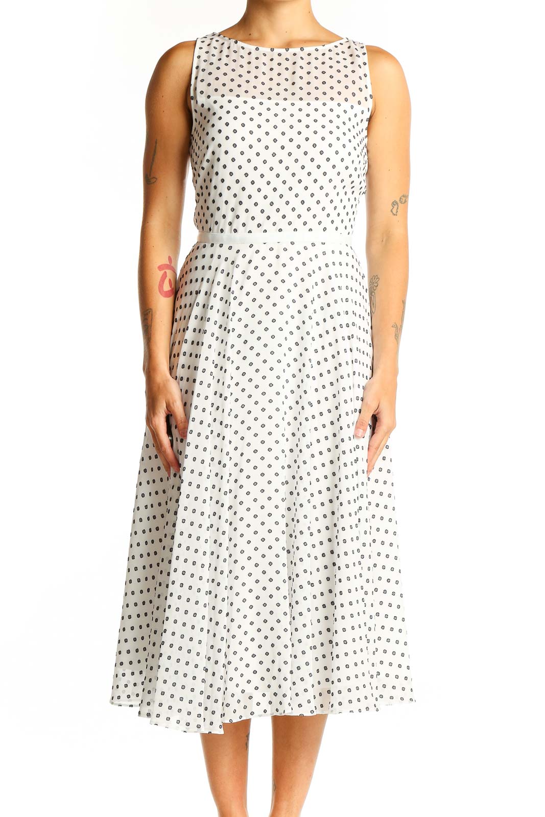 White Polka Dot Sleeveless Midi Dress Front