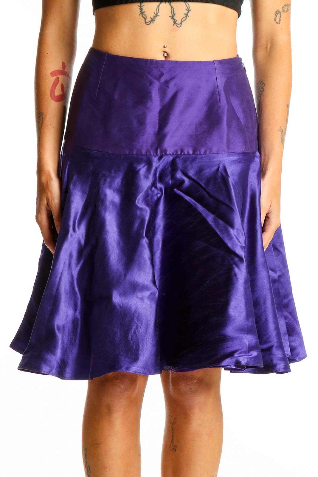 Purple Satin A-Line Knee-Length Skirt Front