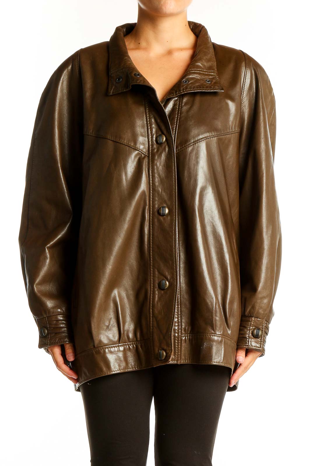 Brown Leather Oversized Jacket Front