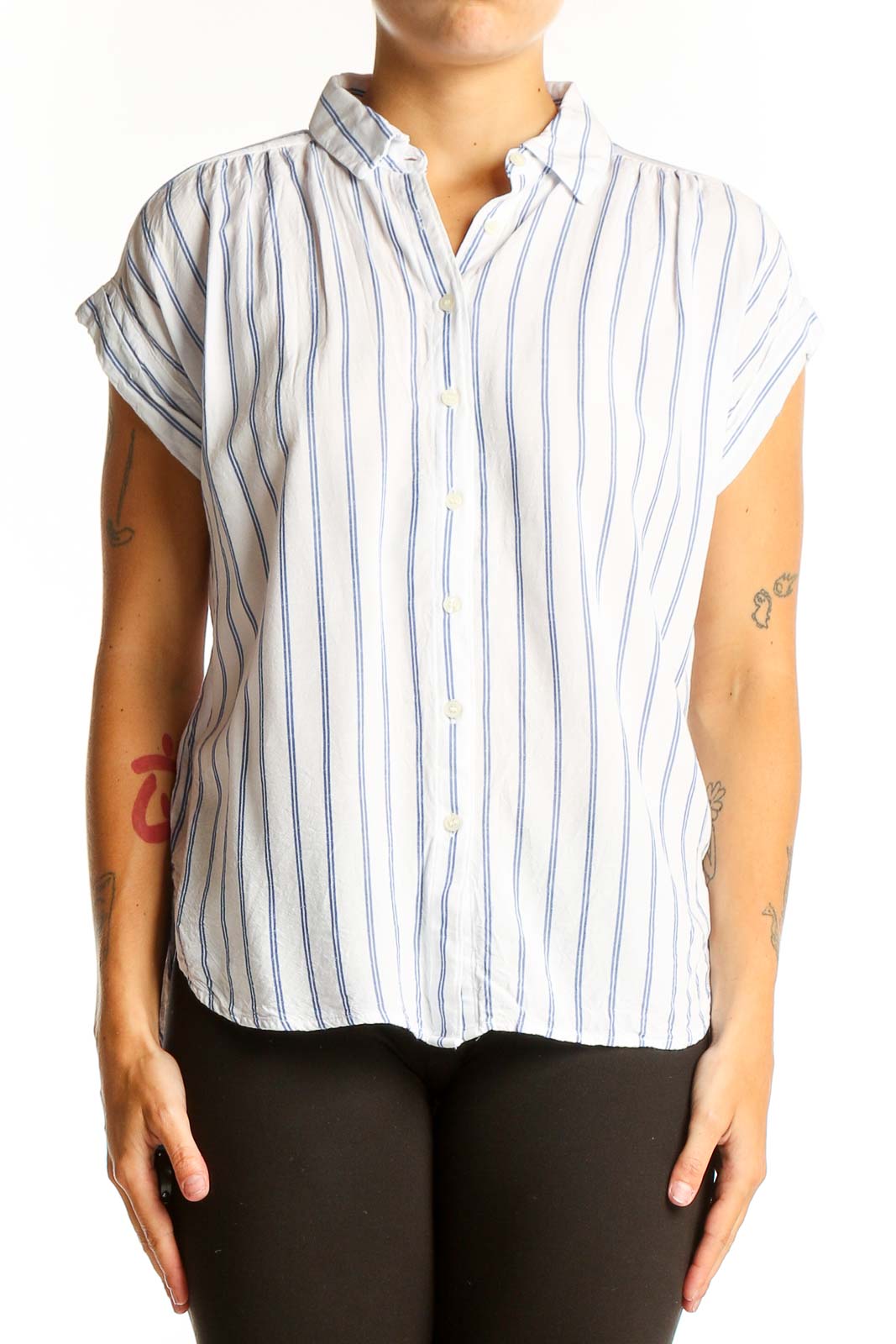 White and Blue Striped Rayon Blouse Front