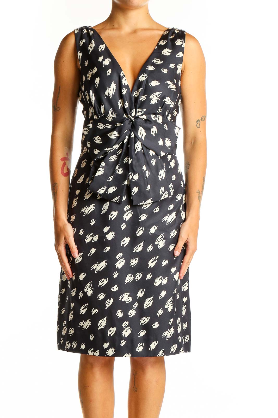 Black Floral Print Silk Cocktail Dress Front