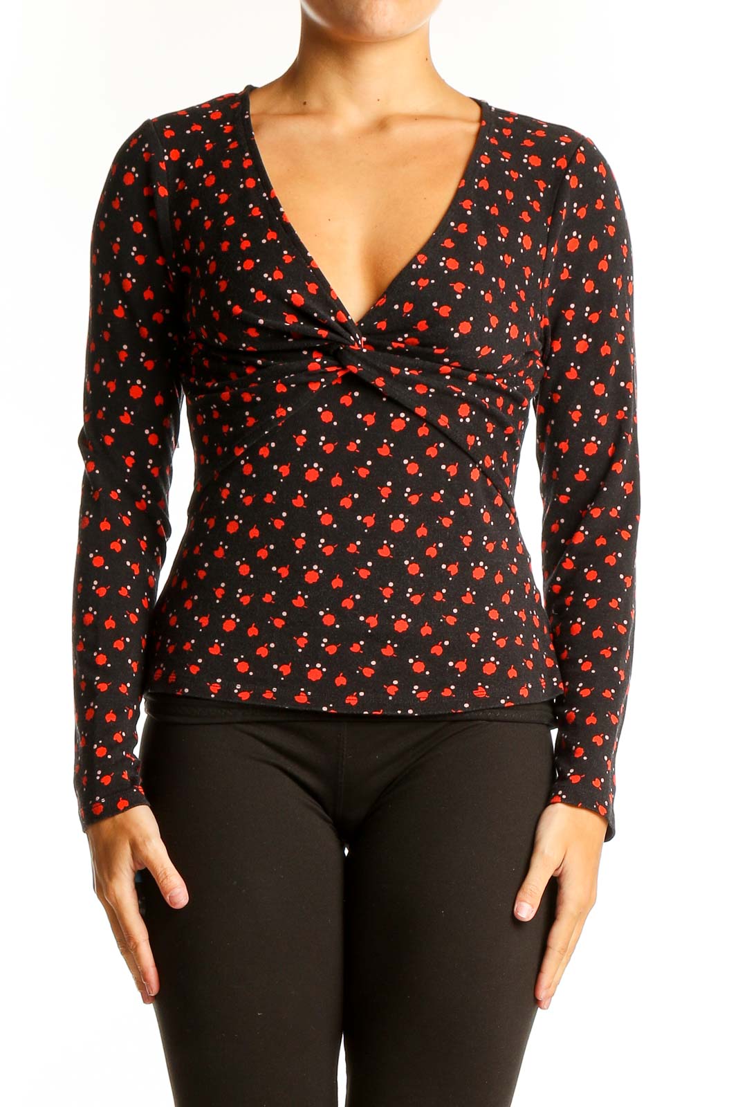 Black Cherry Blossom Print V-Neck Top Front