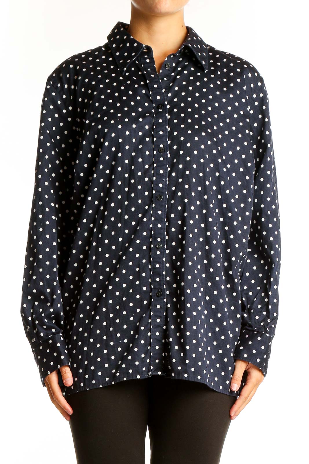Navy Polka Dot Cotton Button-Up Shirt Front