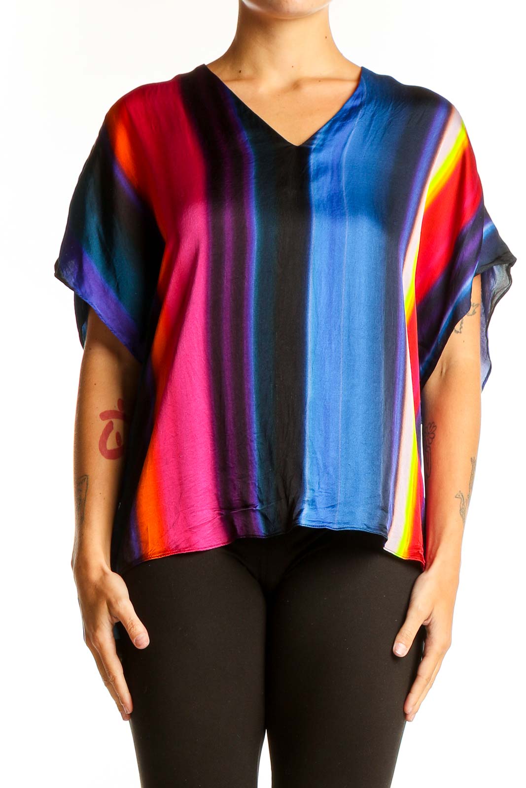 Multicolor Striped V-Neck Blouse Front