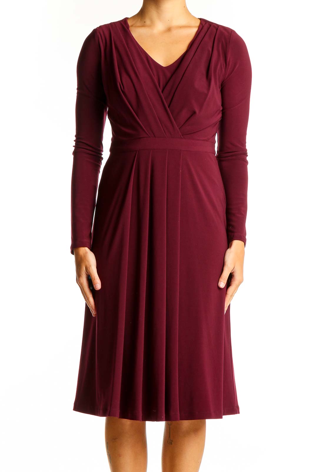 Burgundy Wrap-Style Midi Dress Front