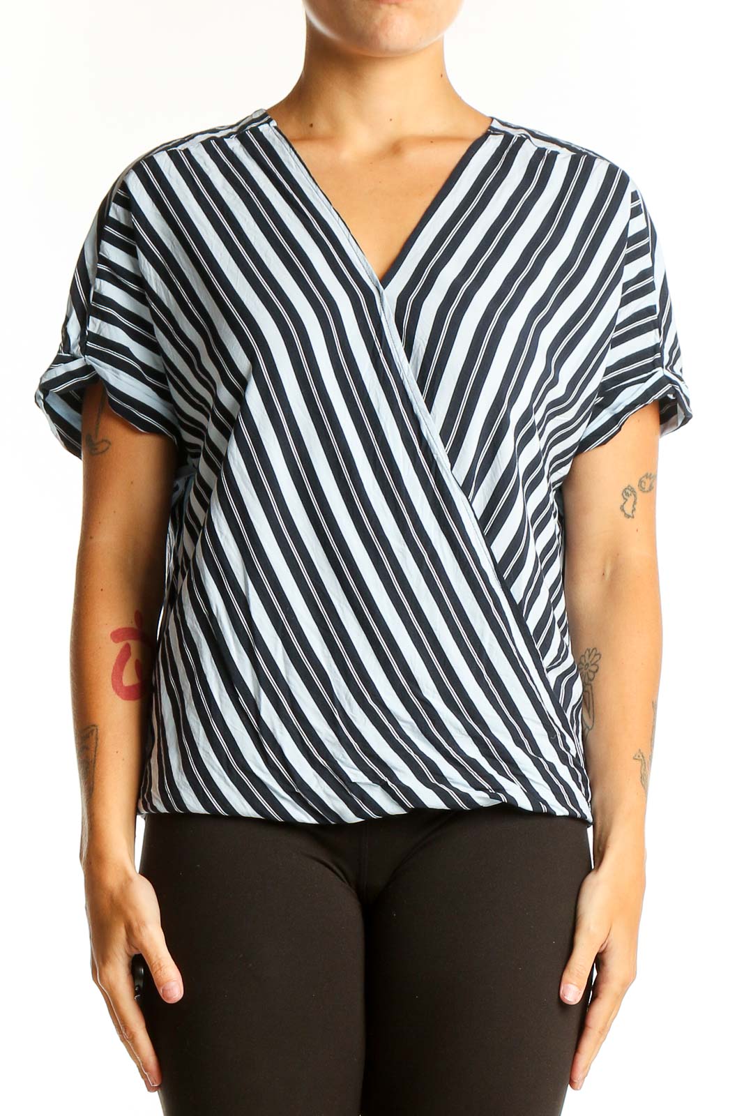 Black and White Striped Wrap Top Front