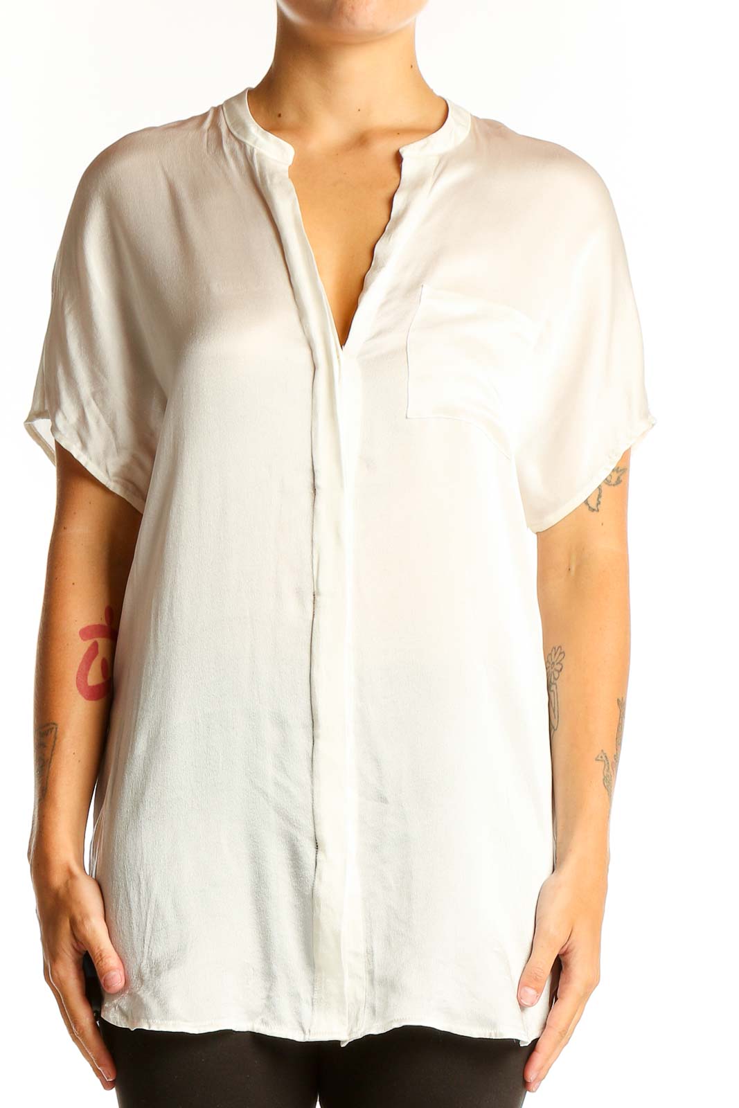 White Silk Short-Sleeve Blouse Front
