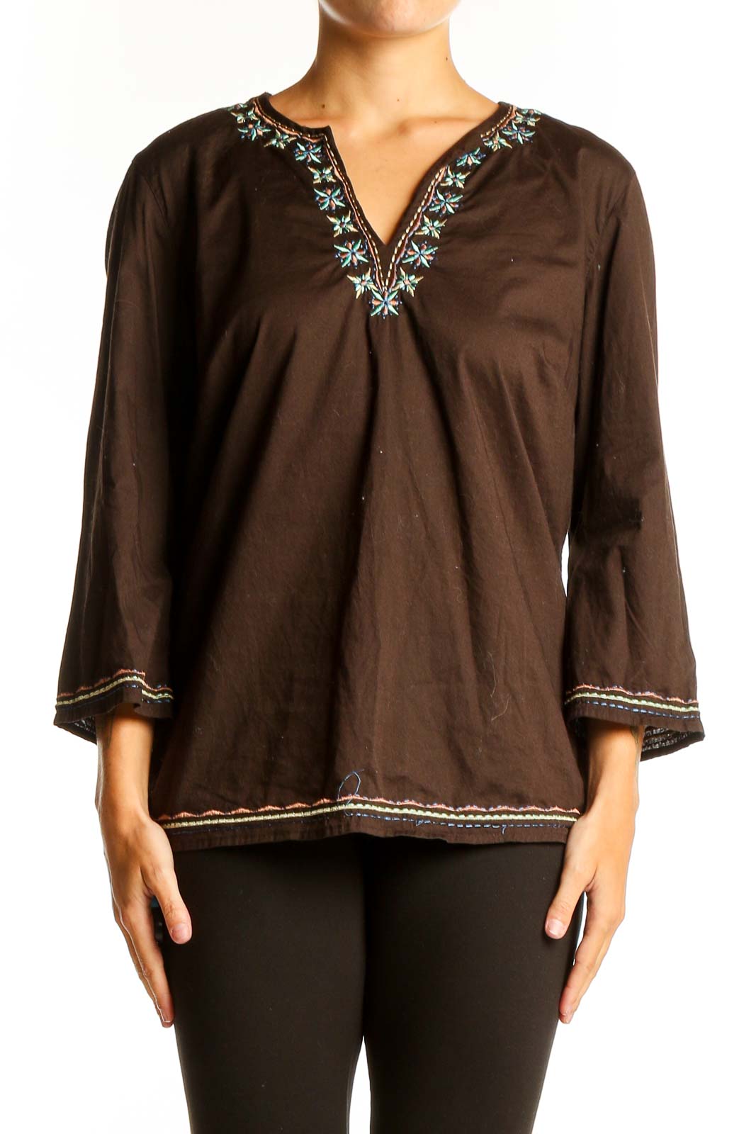 Brown Embroidered Cotton Blend Tunic Top Front