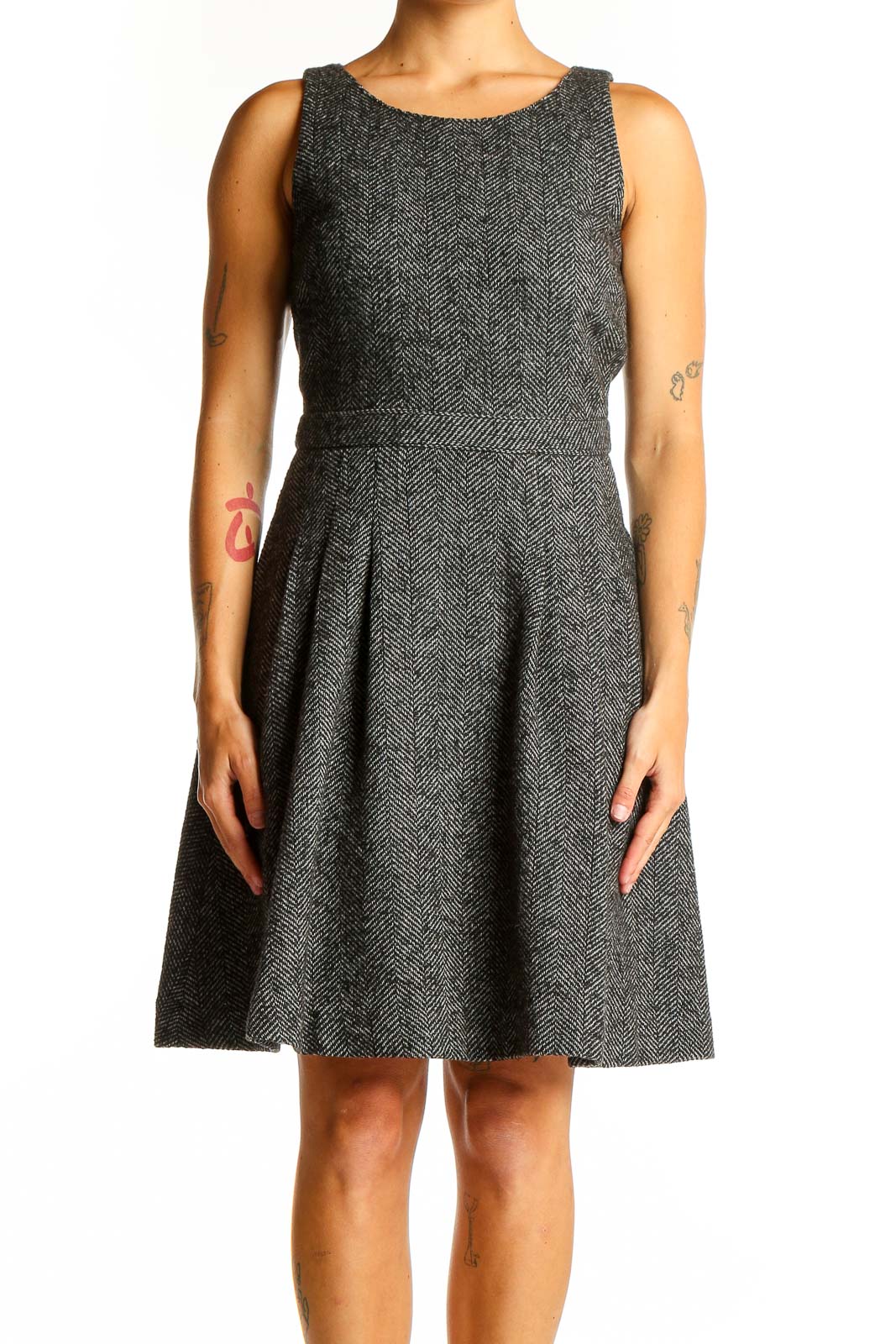 Gray Herringbone Fit-and-Flare Dress Front