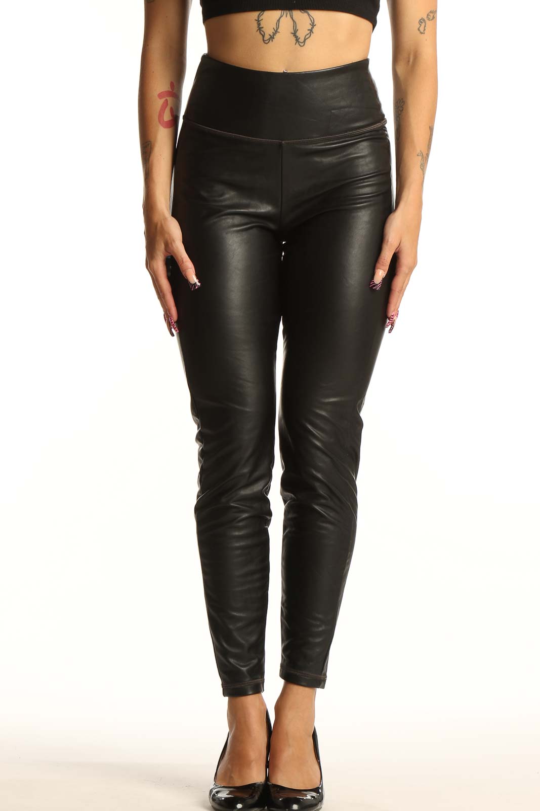 Black Faux Leather High-Waisted Leggings Front