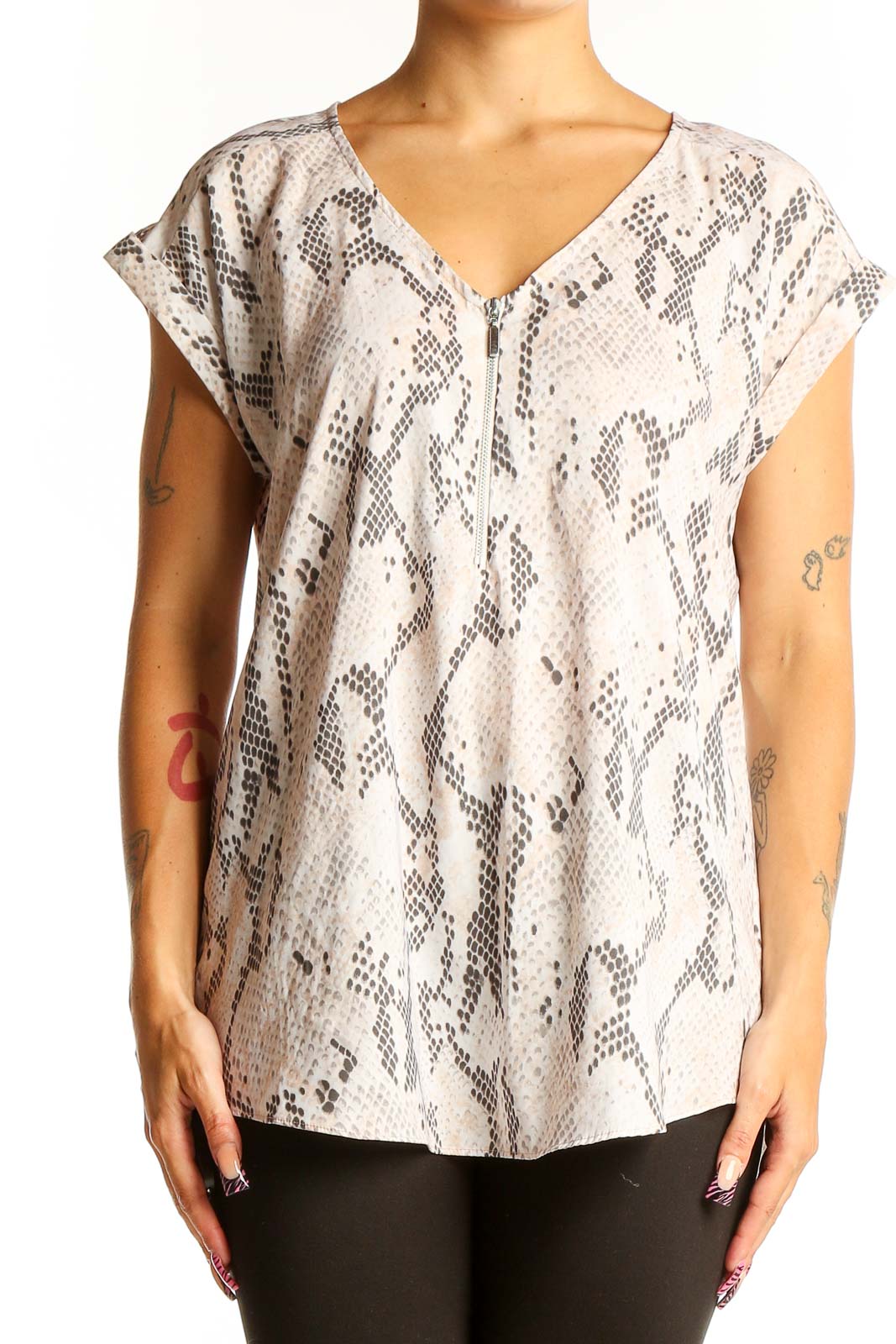 Beige Snake Print V-Neck Blouse Front