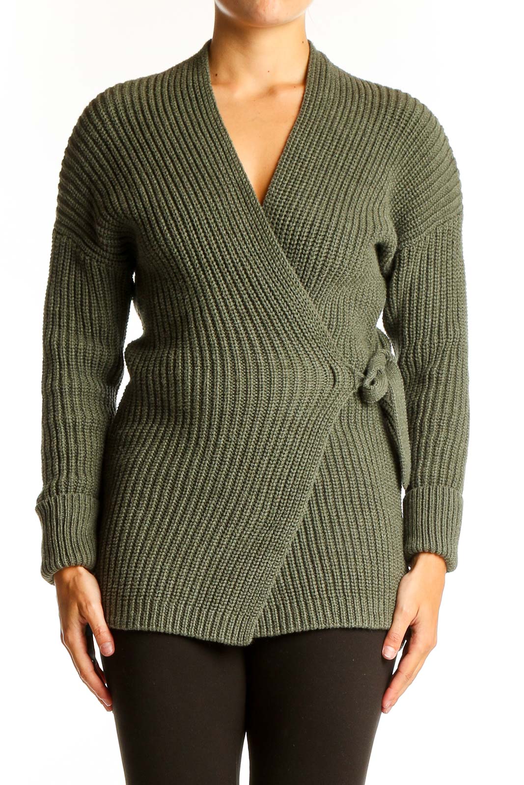 Olive Ribbed Wrap Cardigan Front