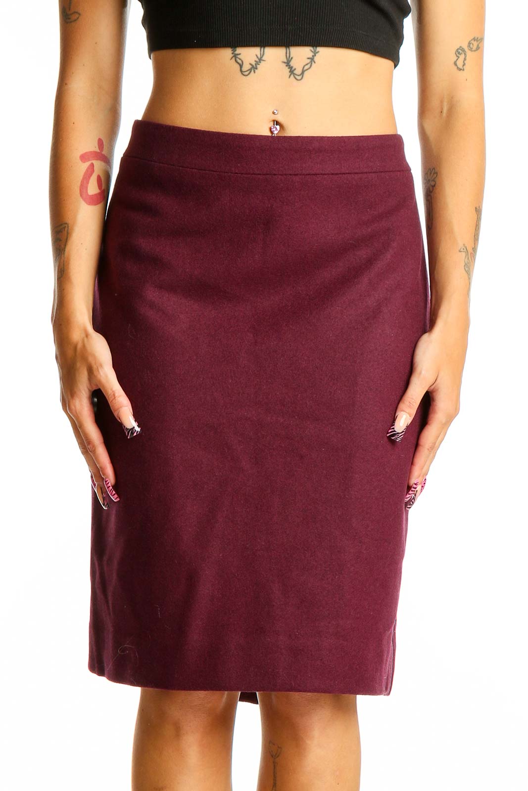 Burgundy Wool-Blend Pencil Skirt Front