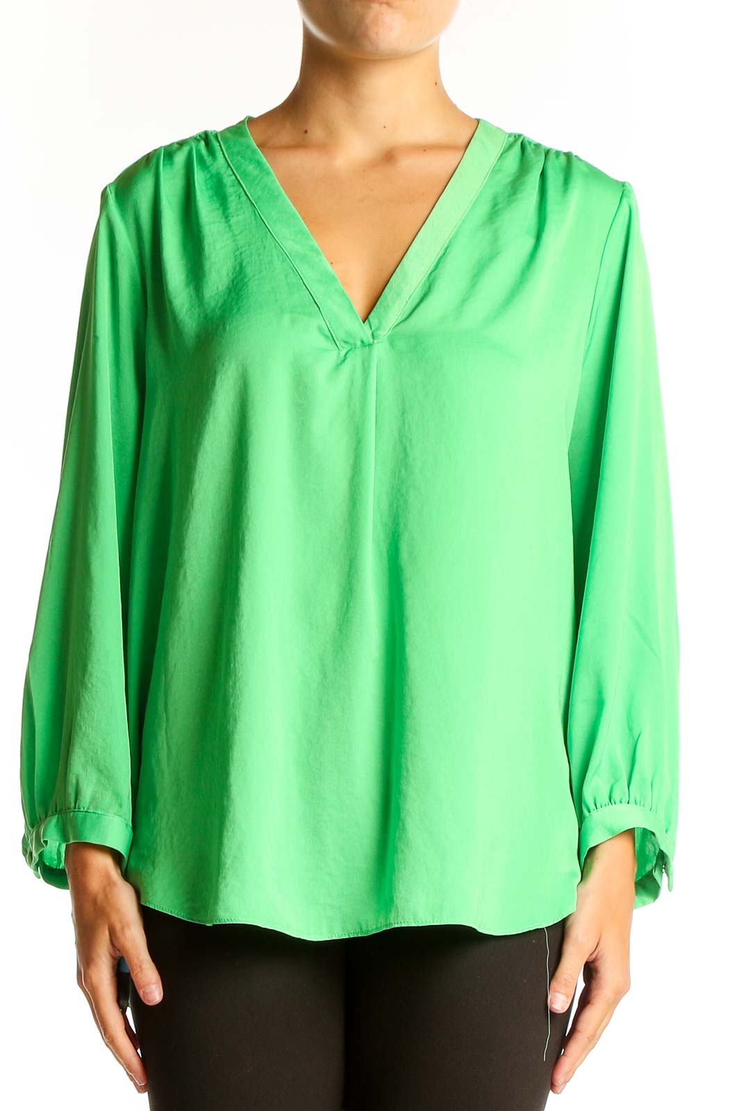 Green V-Neck Polyester Blouse Front