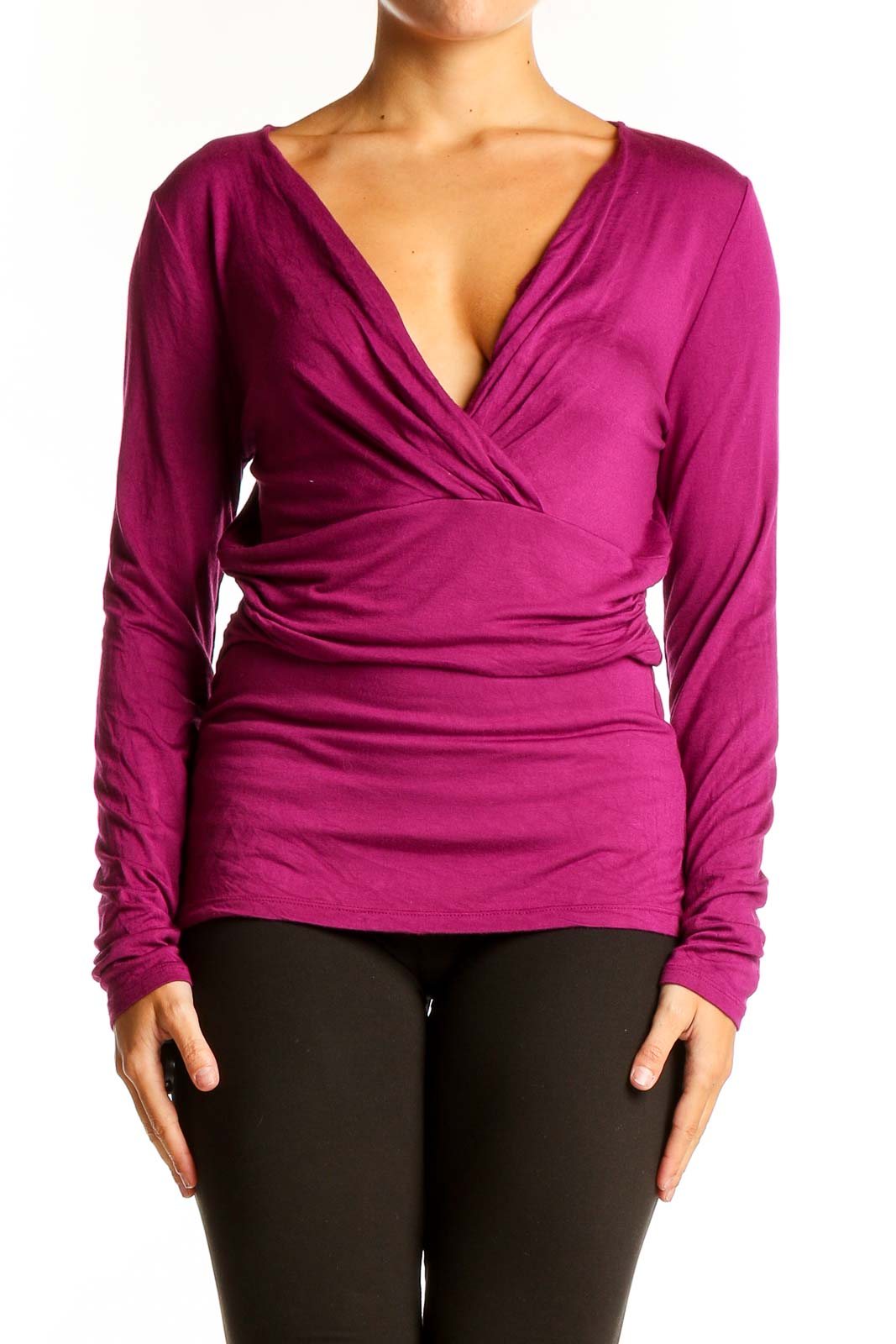 Magenta Wrap-Style Long Sleeve Top Front