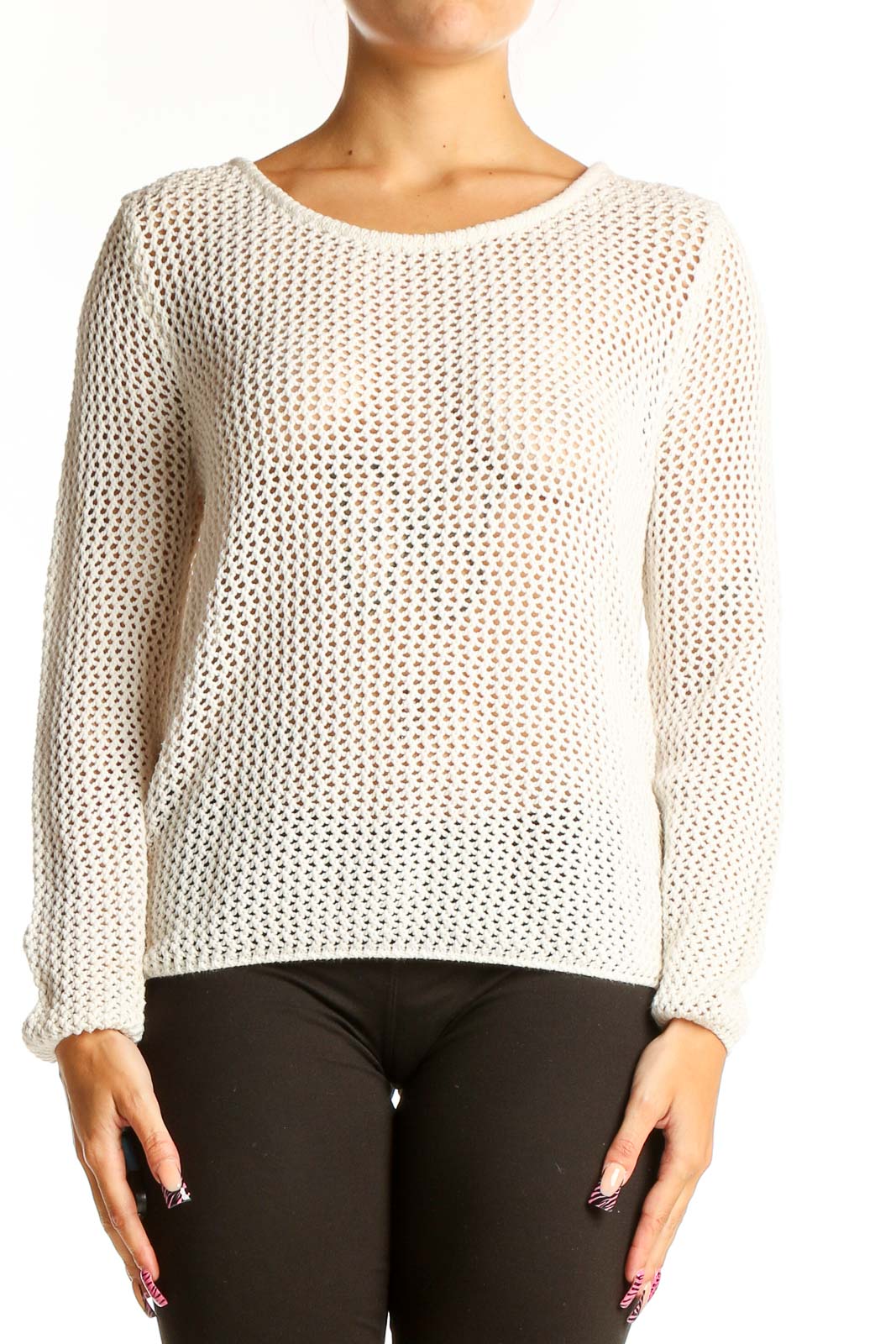 White Open-Knit Acrylic Cotton Sweater Front