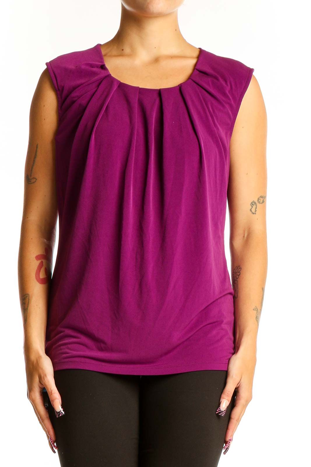 Purple Pleated Sleeveless Blouse Front