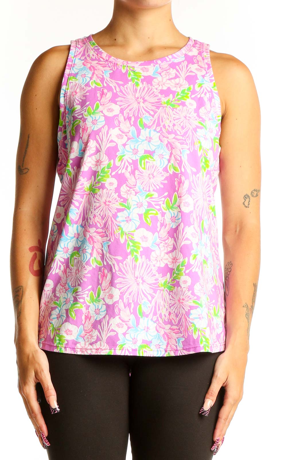 Pink Floral Sleeveless Blouse Front