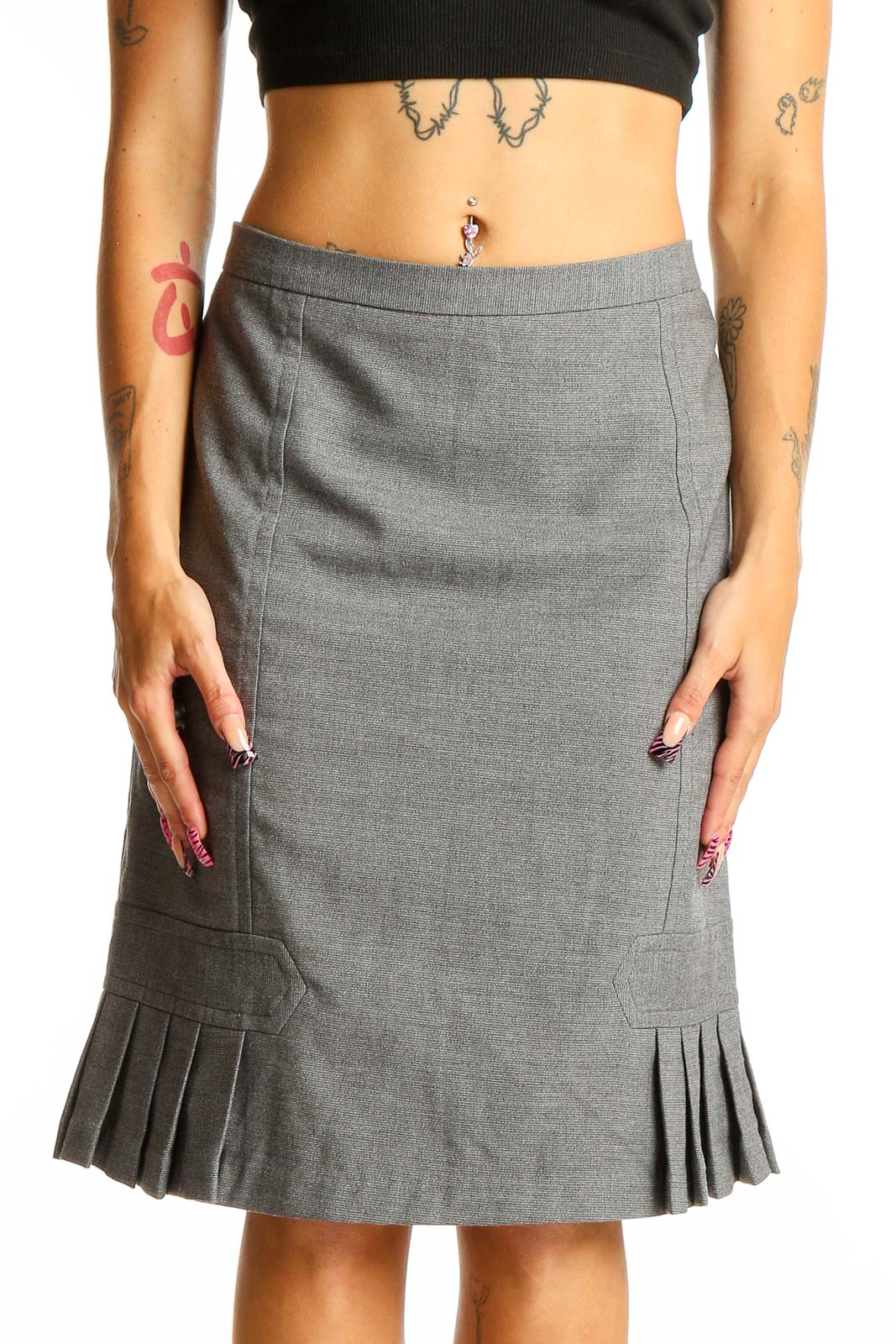 Gray Pleated Pencil Skirt Front