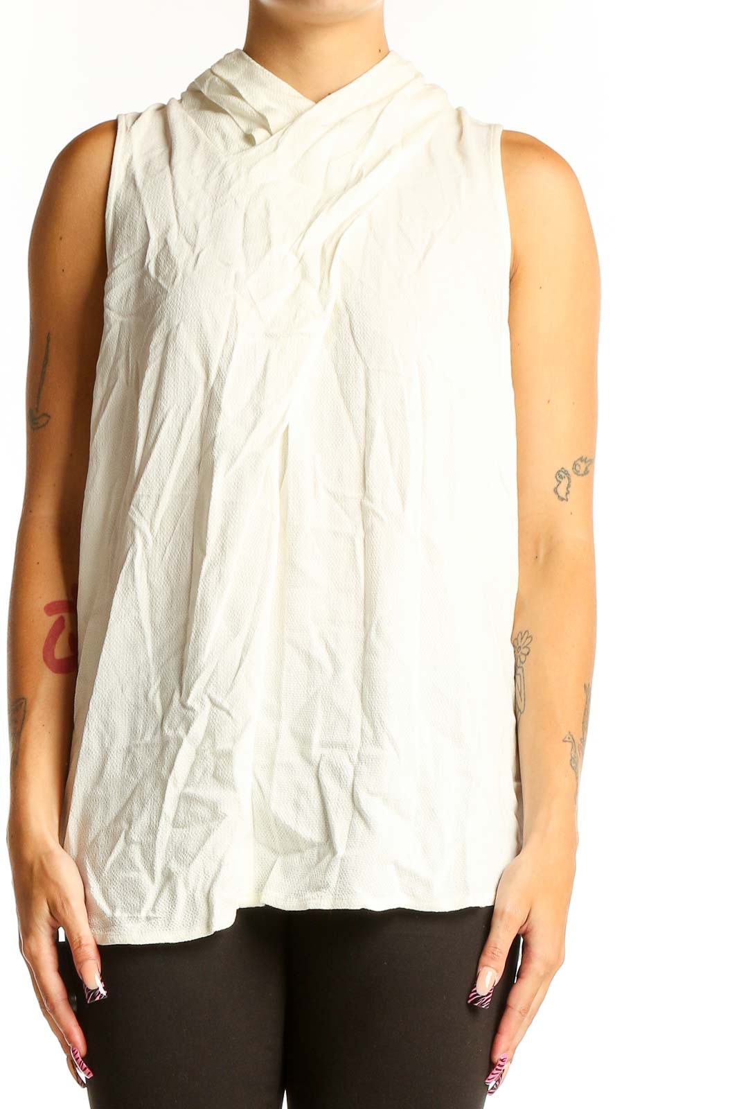 White Sleeveless Draped Viscose Top Front