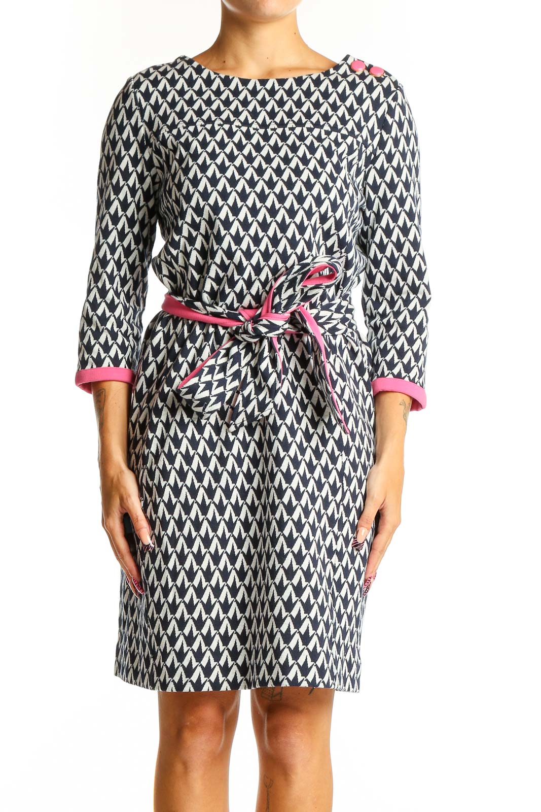 Navy and White Geometric Print Knit Dress Front