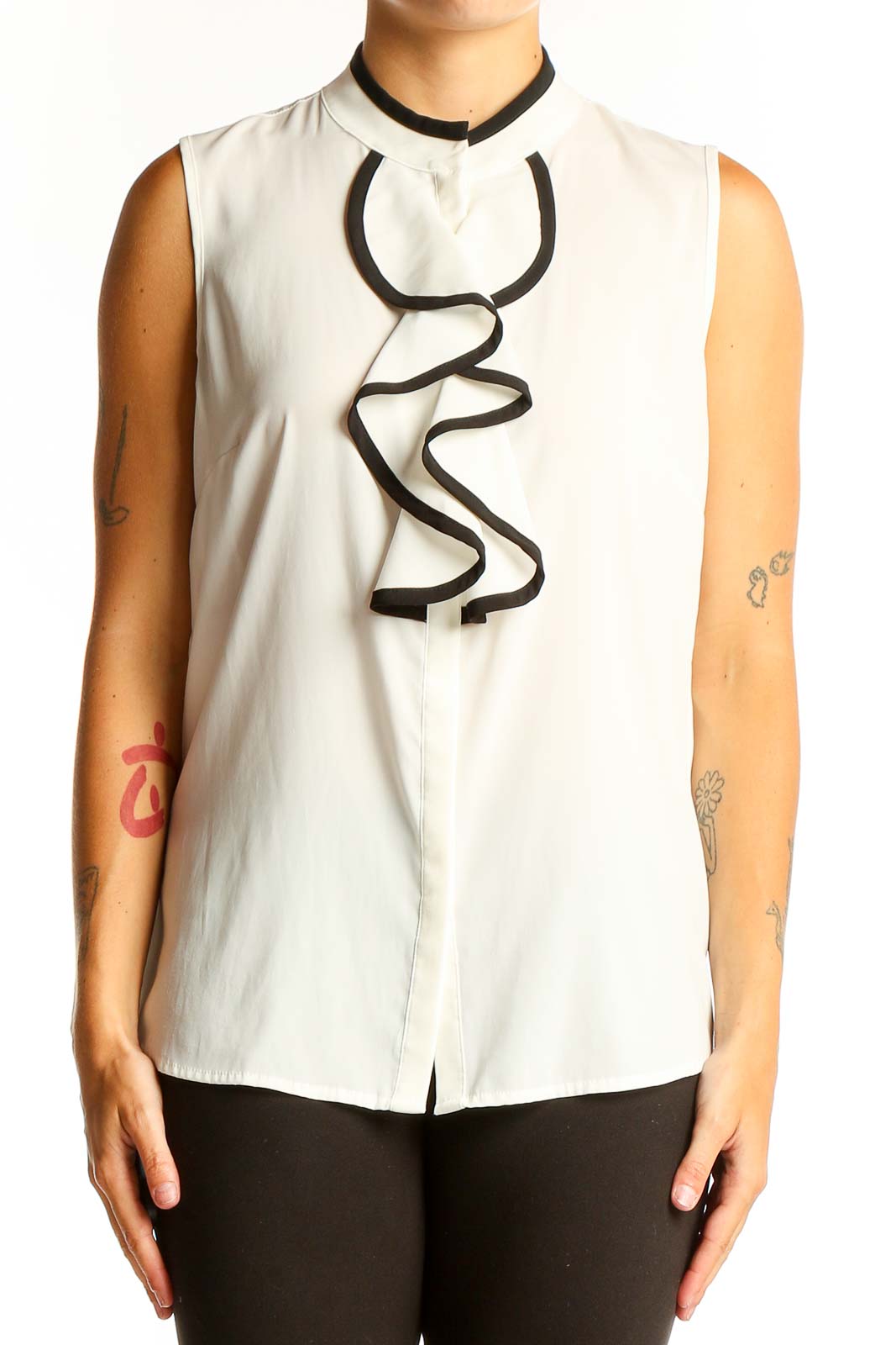 White Sleeveless Ruffled Blouse Front