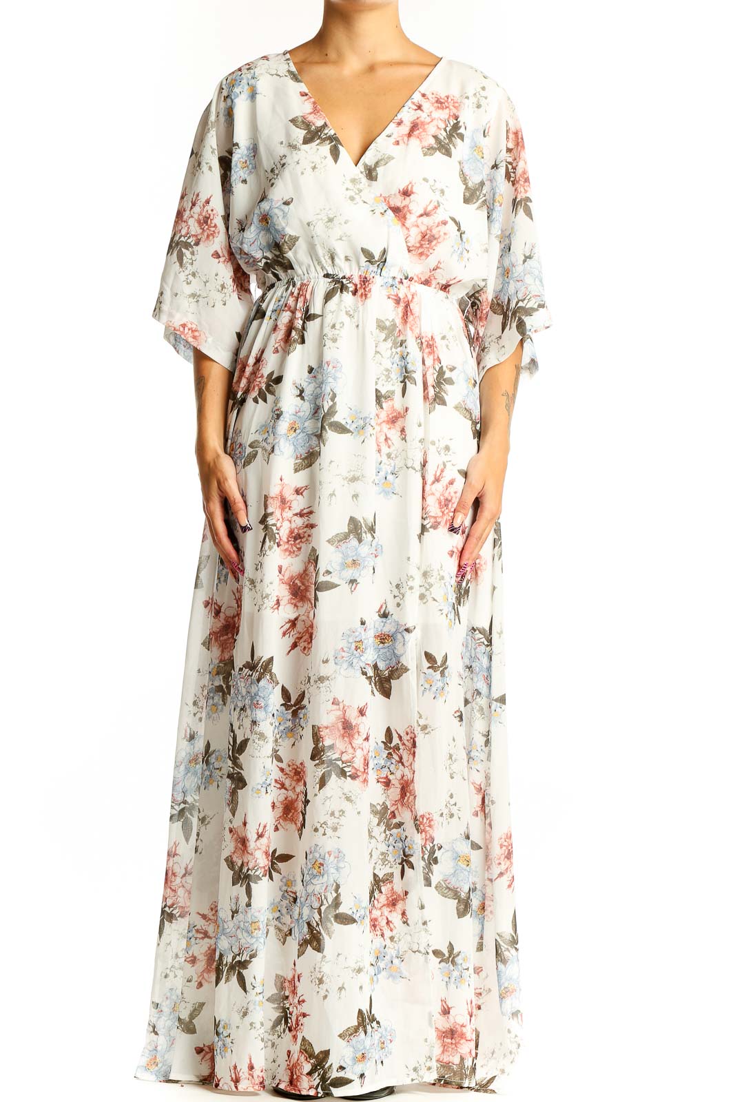 White Floral Maxi Wrap Dress Front