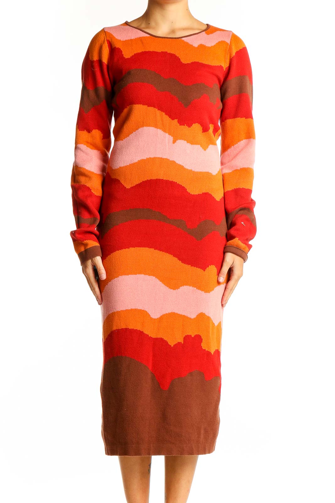 Orange Wavy Striped Knit Midi Dress Front