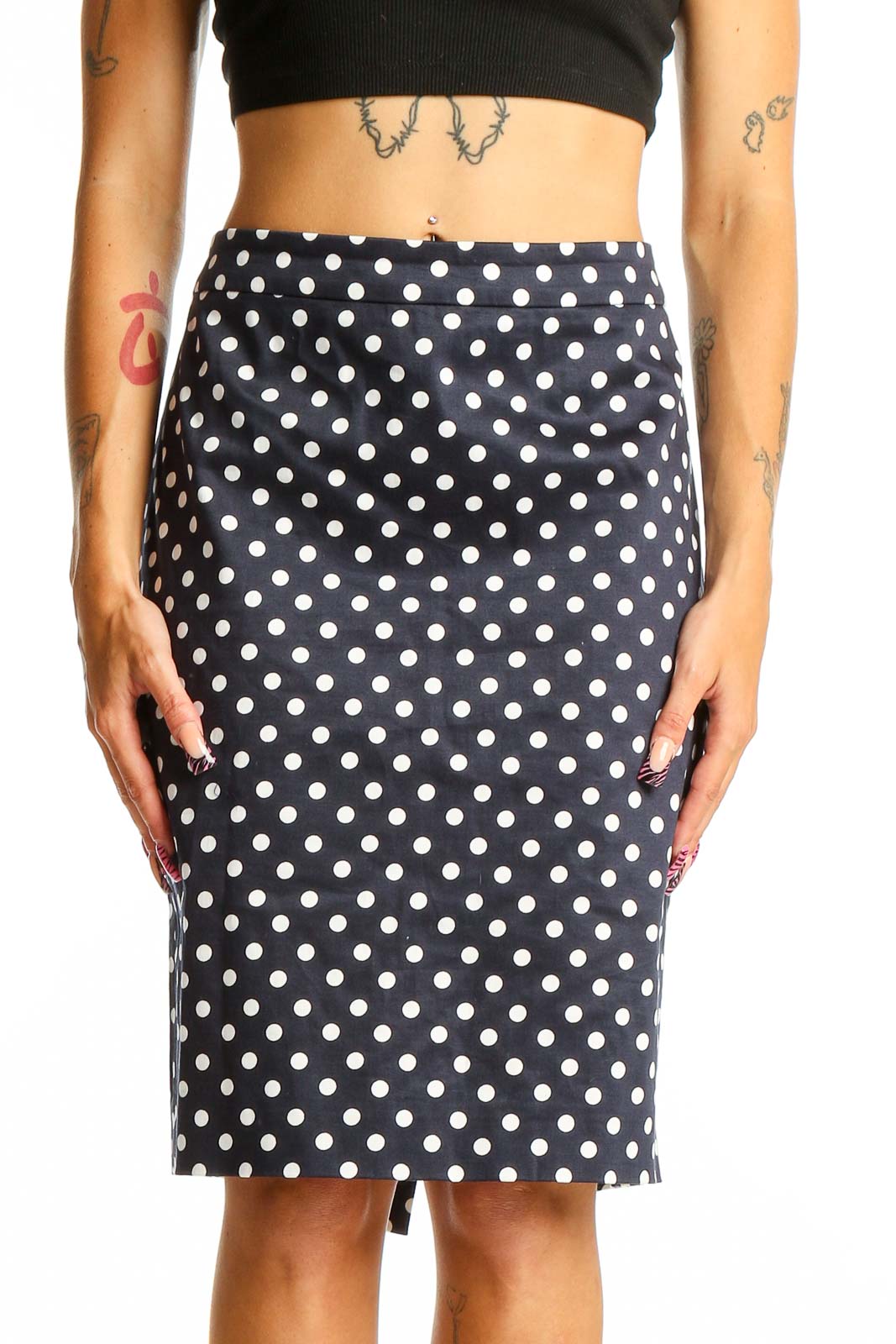 Navy Polka Dot Pencil Skirt Front
