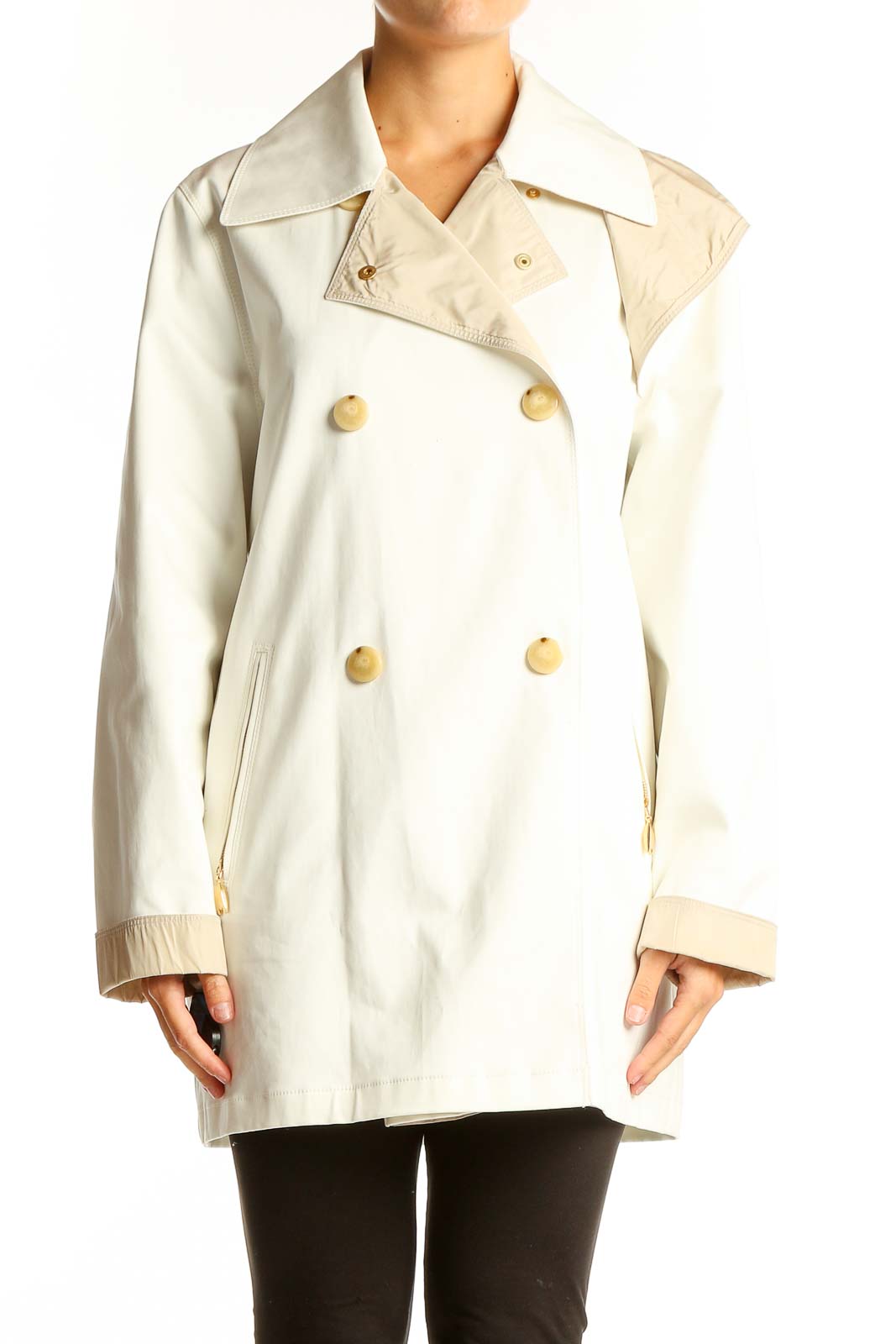 Cream Double-Breasted Cotton Blend Coat Front