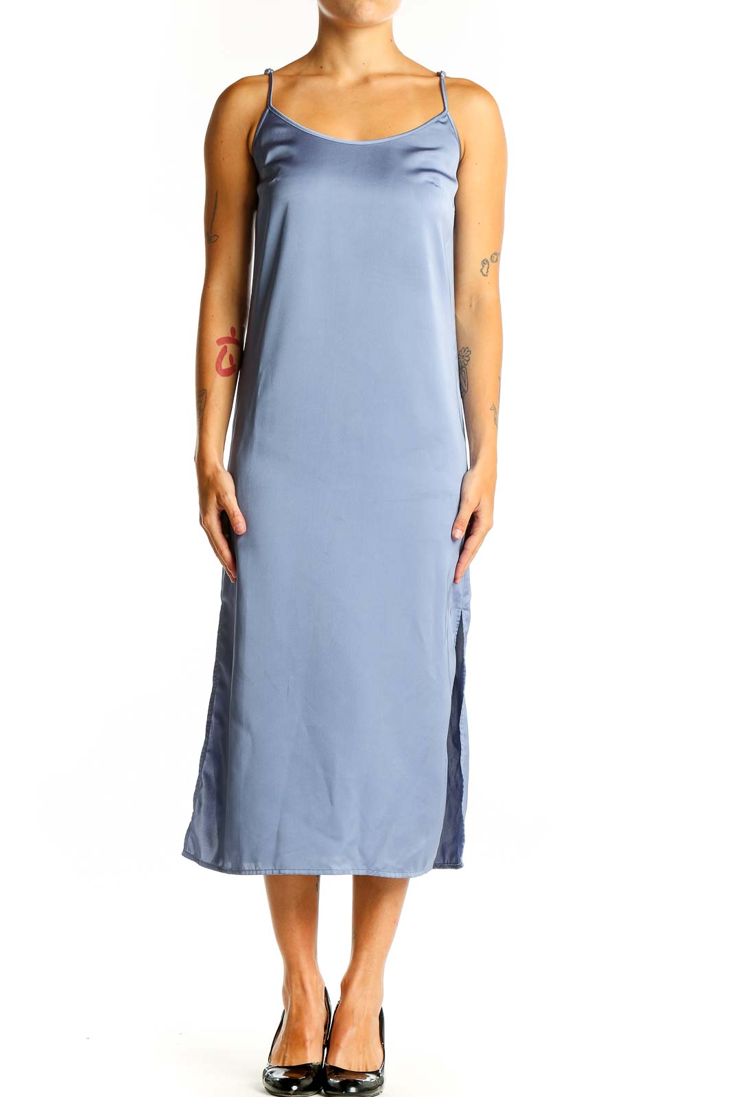 Blue Satin Slip Midi Dress Front