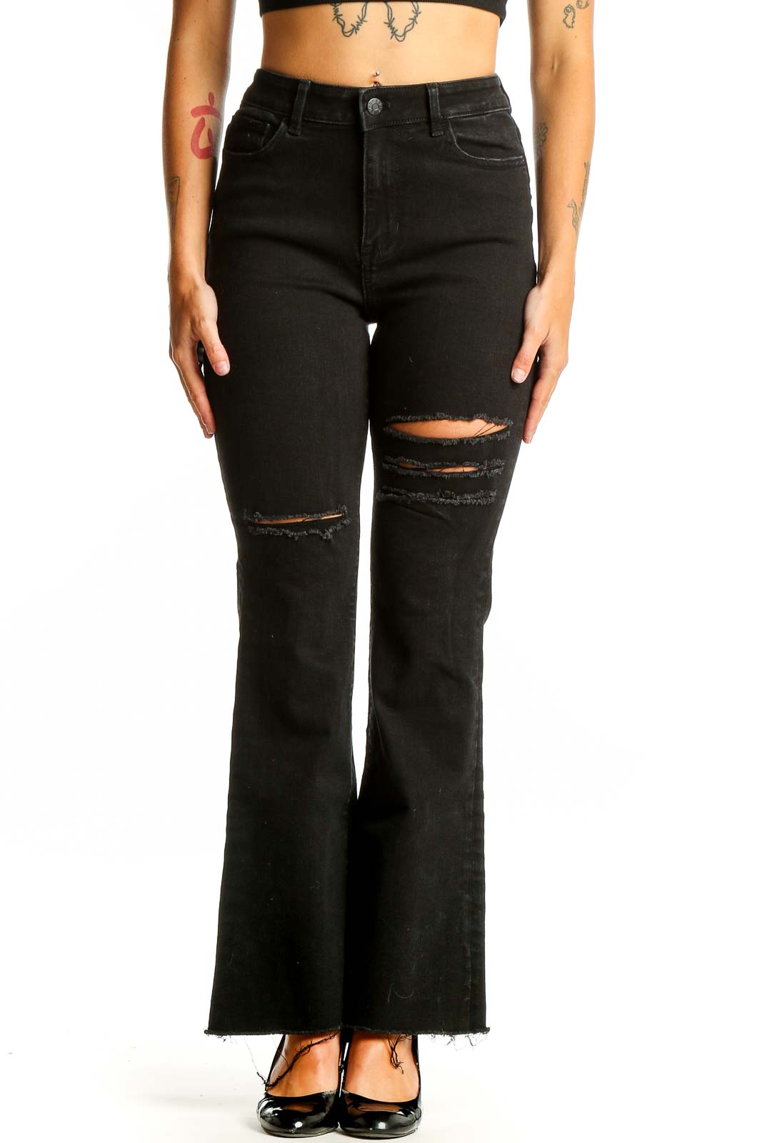 Black Distressed Flare Jeans Front