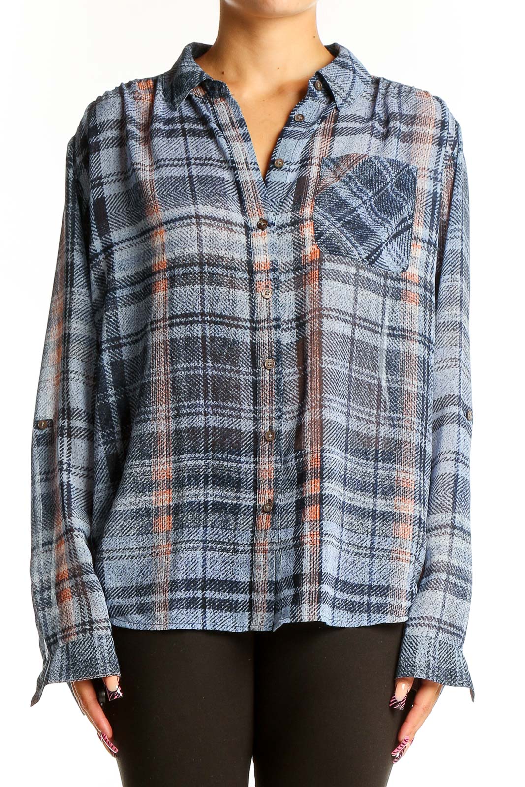Blue Plaid Polyester Button-Up Shirt Front
