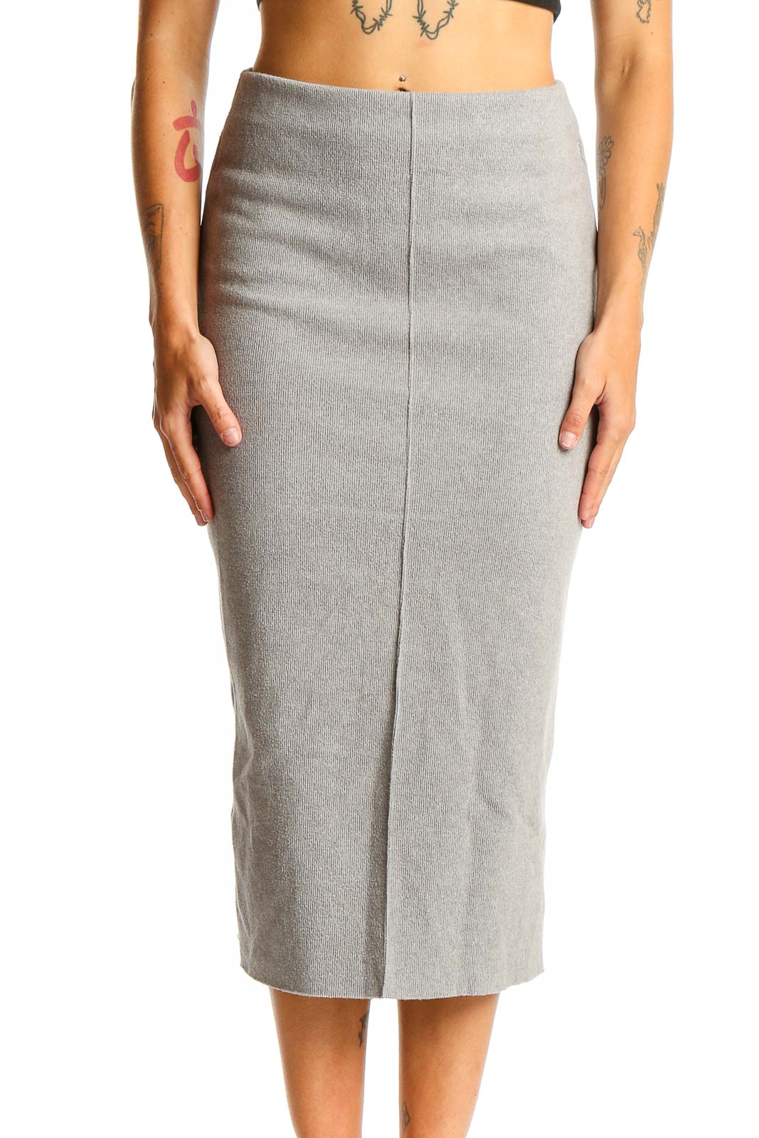 Gray Midi Pencil Skirt Front