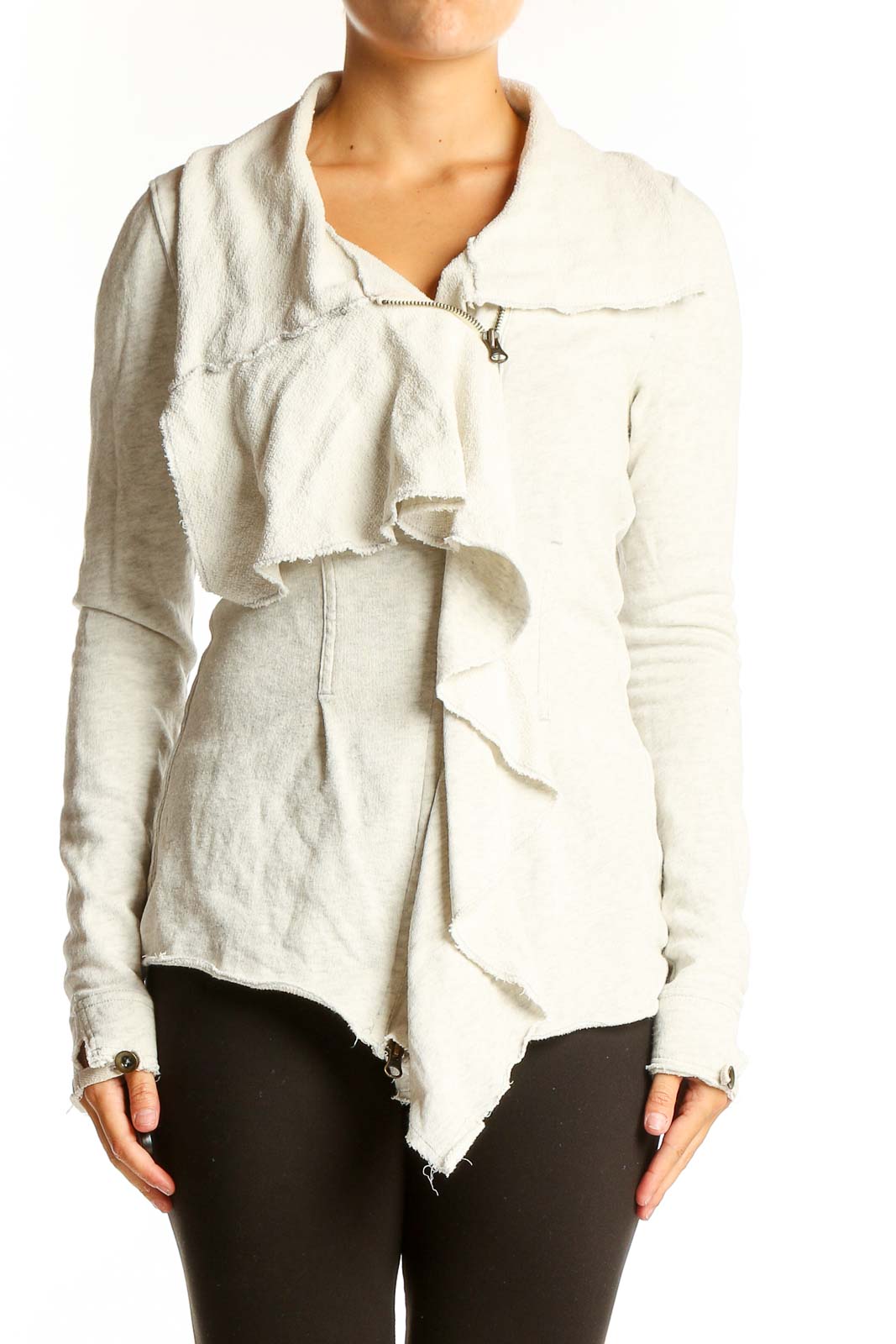 White Ruffled Cotton Zip-Up Jacket Front