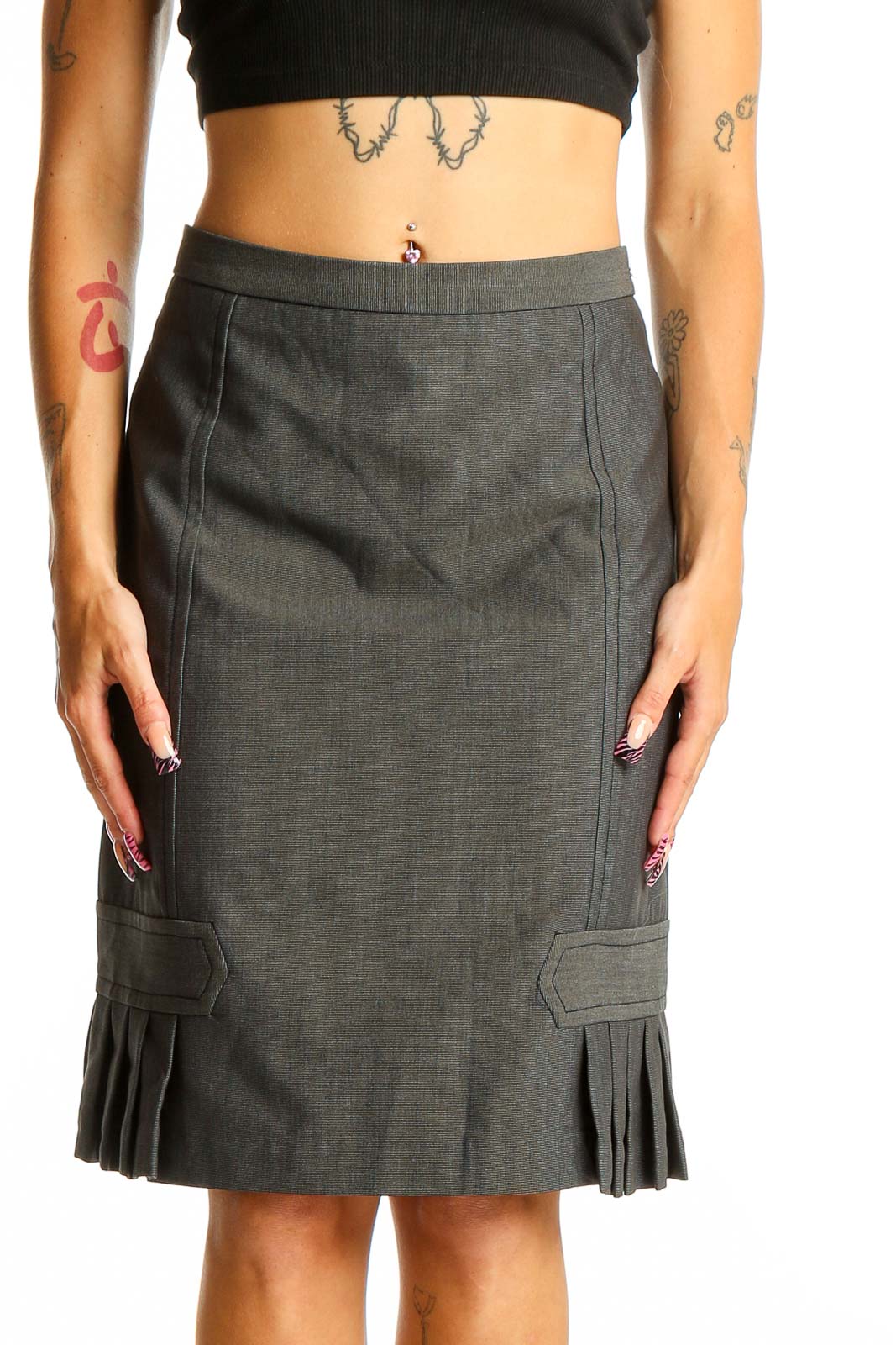 Gray Pleated Pencil Skirt Front