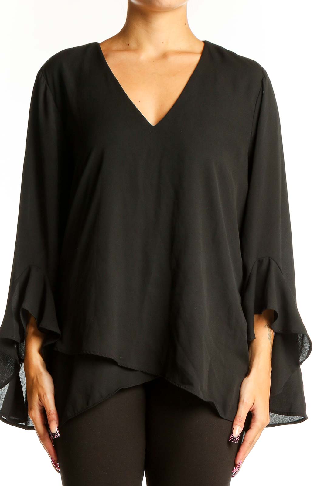 Black Flowy V-Neck Bell Sleeve Blouse Front