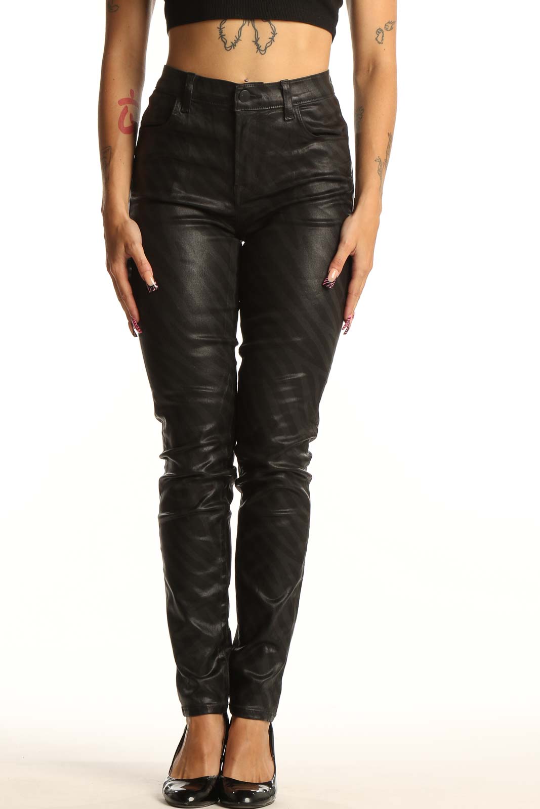 Black Sleek Faux Leather Skinny Pants Front
