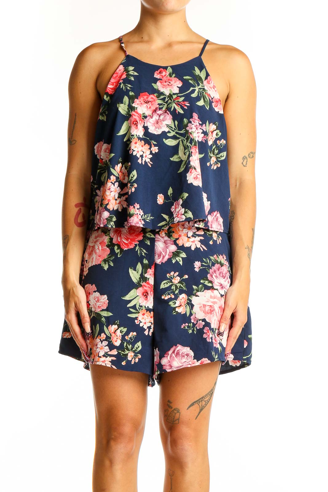 Navy Floral Sleeveless Romper Front