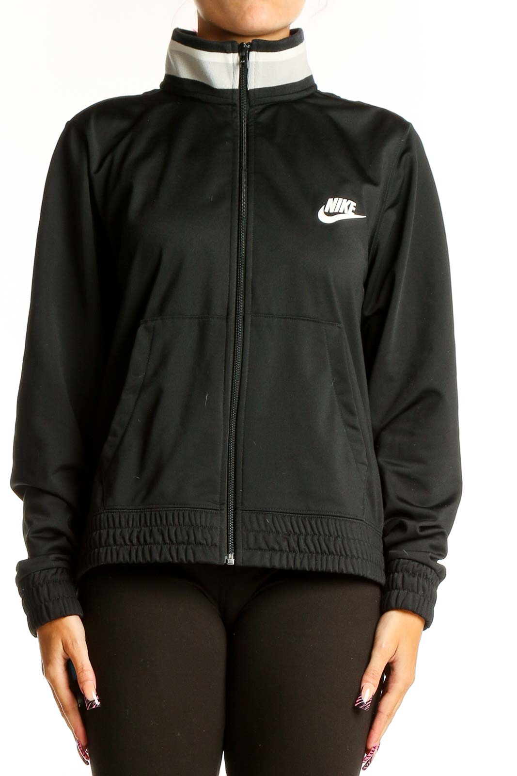 Black Polyester Zip-Up Athletic Jacket Front