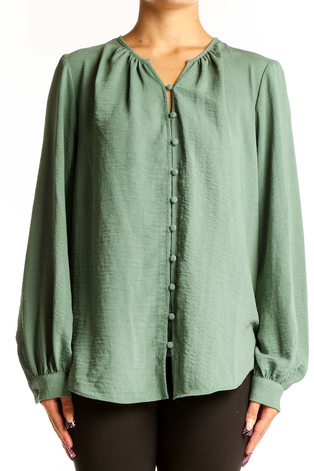 Sage Button-Front Long Sleeve Blouse Front