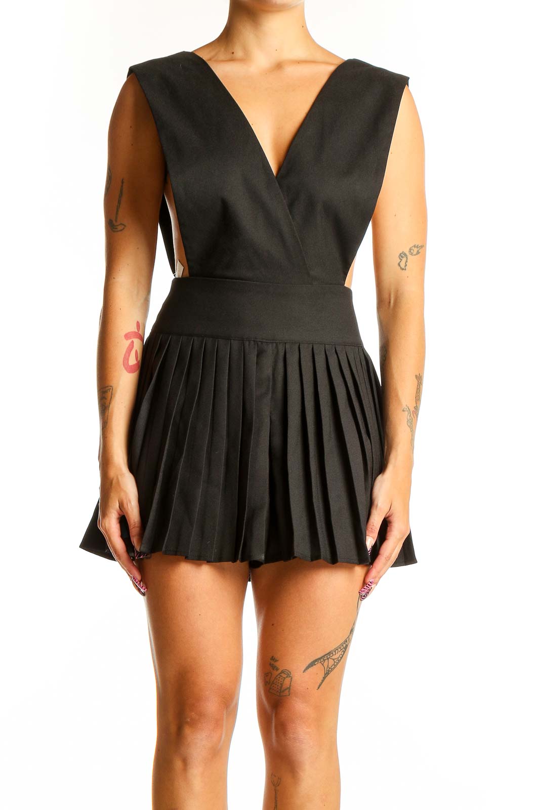 Black Pleated Sleeveless Romper Front