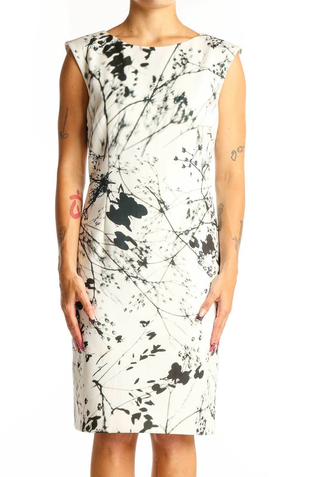 White Floral Abstract Sheath Dress Front