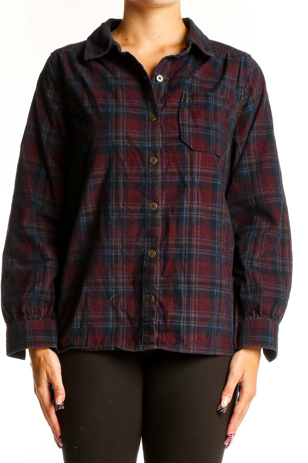 Burgundy Plaid Cotton Button-Up Shirt Front