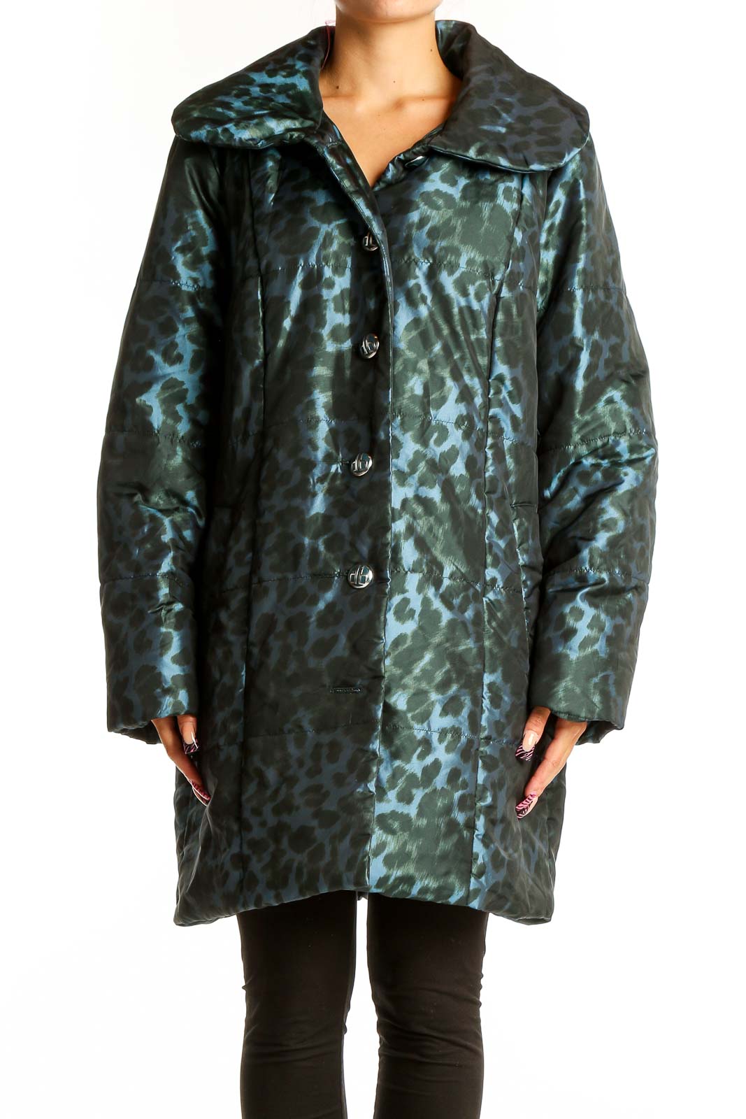 Teal Leopard Print Puffer Jacket Front