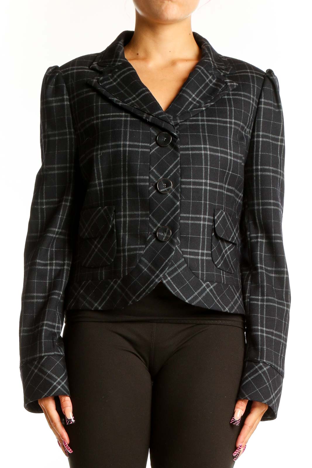 Black Plaid Wool Blend Cropped Jacket Front