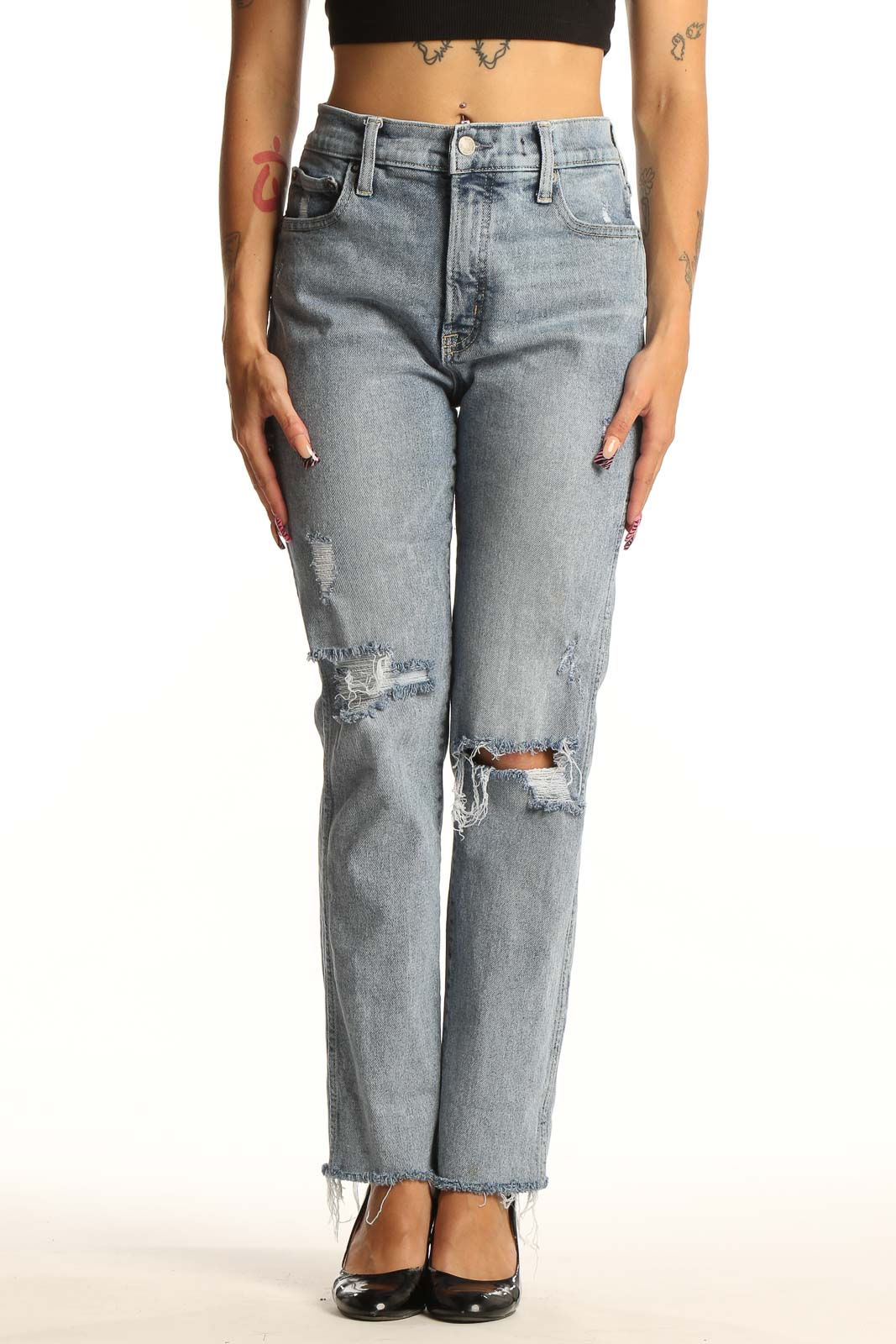 Light Blue Distressed Straight Leg Jeans Front