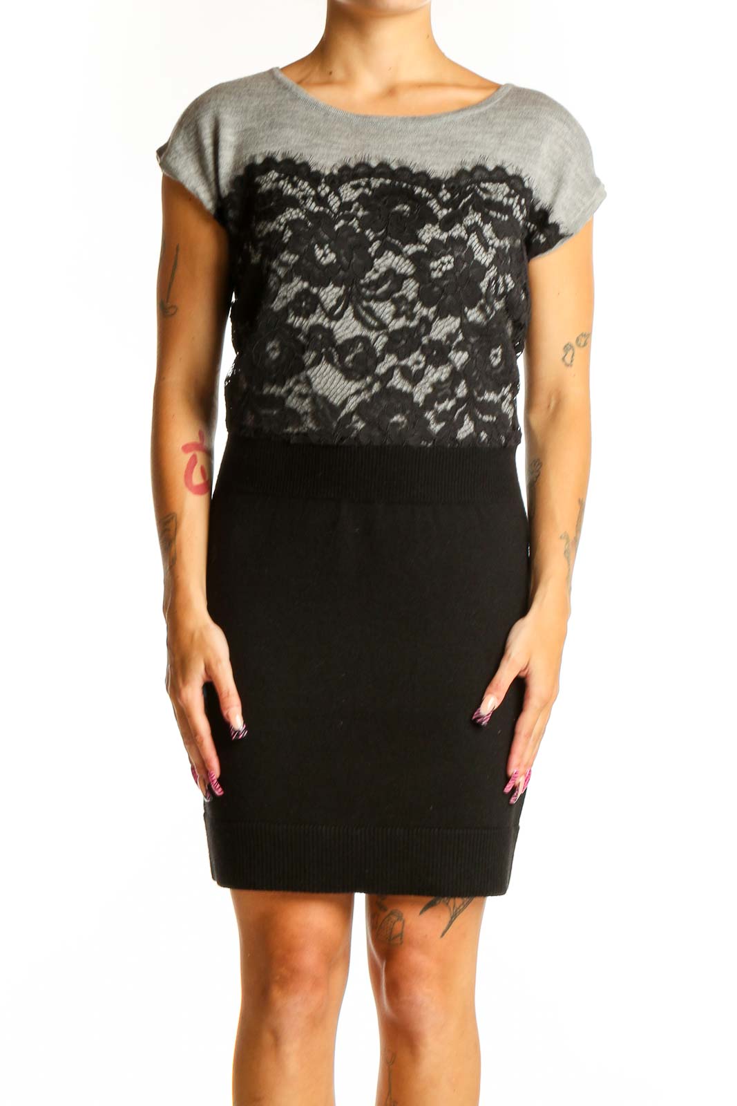 Gray and Black Lace Overlay Knit Dress Front
